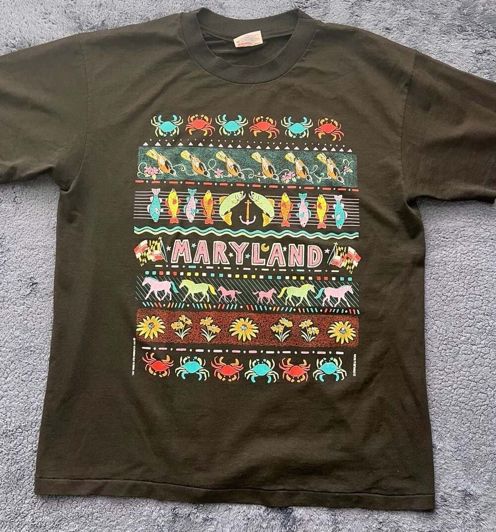 Vintage 1991 Maryland Southern Silk Screen Graphic T-Shirt Black Large